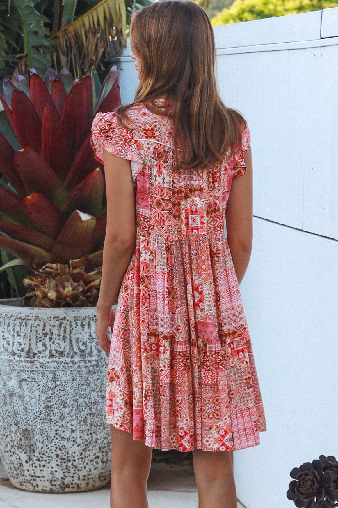 Camilla boho mini dress in rayon with button front empire waist flutter sleeves and tiered skirt Australian fashion