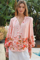 Blush pink border print rayon blouse with beaded tie neck shirred cuffs and lace yoke – Lucy Blouse Australia