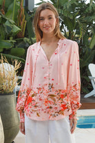 Blush pink border print rayon blouse with beaded tie neck shirred cuffs and lace yoke – Lucy Blouse Australia