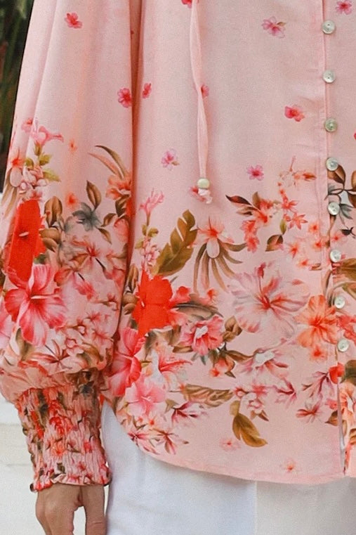 Blush pink border print rayon blouse with beaded tie neck shirred cuffs and lace yoke – Lucy Blouse Australia