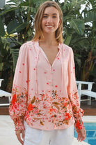Blush pink border print rayon blouse with beaded tie neck shirred cuffs and lace yoke – Lucy Blouse Australia