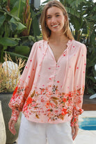 Blush pink border print rayon blouse with beaded tie neck shirred cuffs and lace yoke – Lucy Blouse Australia