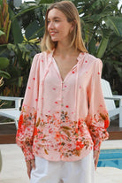 Blush pink border print rayon blouse with beaded tie neck shirred cuffs and lace yoke – Lucy Blouse Australia