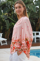 Blush pink border print rayon blouse with beaded tie neck shirred cuffs and lace yoke – Lucy Blouse Australia
