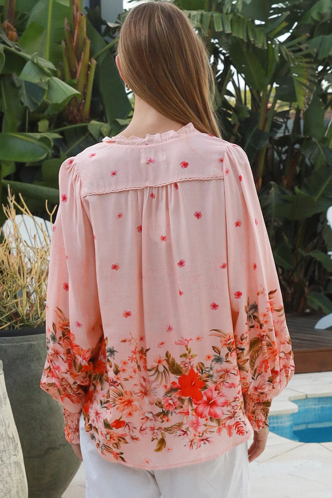 Blush pink border print rayon blouse with beaded tie neck shirred cuffs and lace yoke – Lucy Blouse Australia