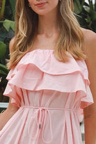 Serenity strapless pink cotton maxi dress with double frill bodice beaded waist tie and tiered hemline