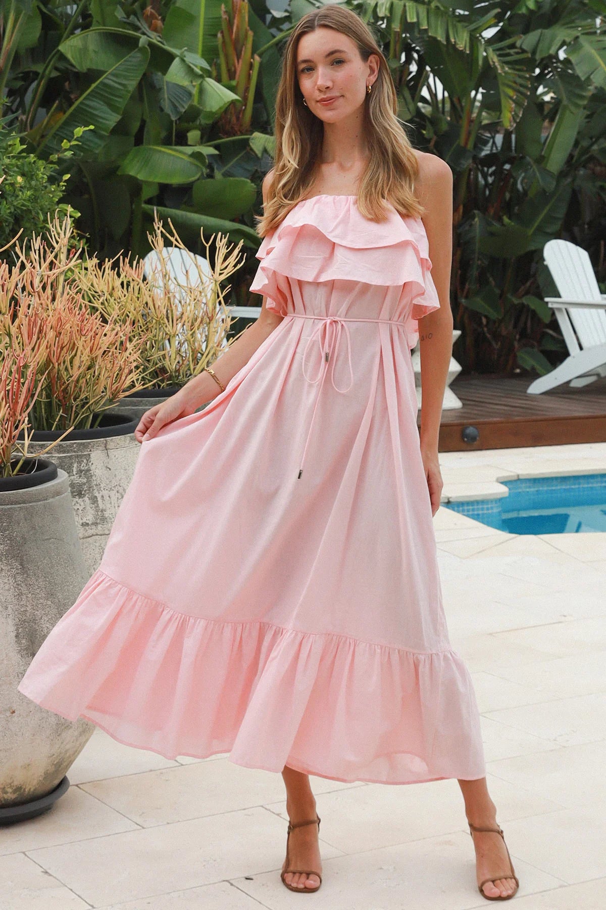 Serenity strapless pink cotton maxi dress with double frill bodice beaded waist tie and tiered hemline