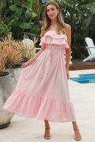 Serenity strapless pink cotton maxi dress with double frill bodice beaded waist tie and tiered hemline