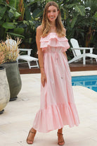 Serenity strapless pink cotton maxi dress with double frill bodice beaded waist tie and tiered hemline
