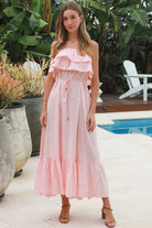 Serenity strapless pink cotton maxi dress with double frill bodice beaded waist tie and tiered hemline