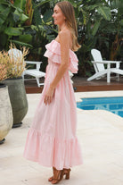 Serenity strapless pink cotton maxi dress with double frill bodice beaded waist tie and tiered hemline