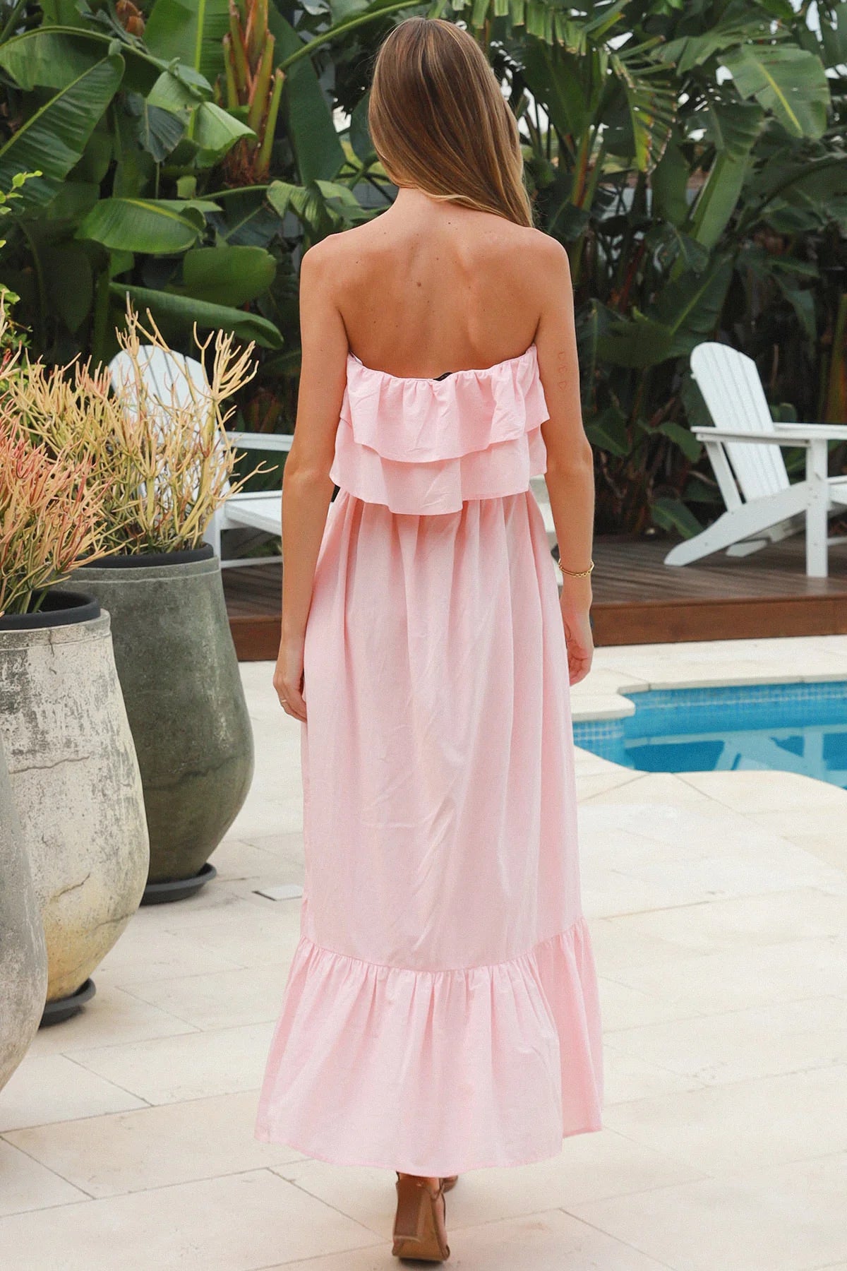 Serenity strapless pink cotton maxi dress with double frill bodice beaded waist tie and tiered hemline