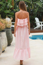 Serenity strapless pink cotton maxi dress with double frill bodice beaded waist tie and tiered hemline