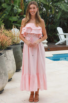 Serenity strapless pink cotton maxi dress with double frill bodice beaded waist tie and tiered hemline
