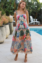 Phoebe tie shoulder boho maxi dress floral bird print empire waist shirred back 100% rayon Salty Palm