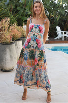 Phoebe tie shoulder boho maxi dress floral bird print empire waist shirred back 100% rayon Salty Palm
