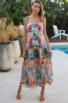 Phoebe tie shoulder boho maxi dress floral bird print empire waist shirred back 100% rayon Salty Palm