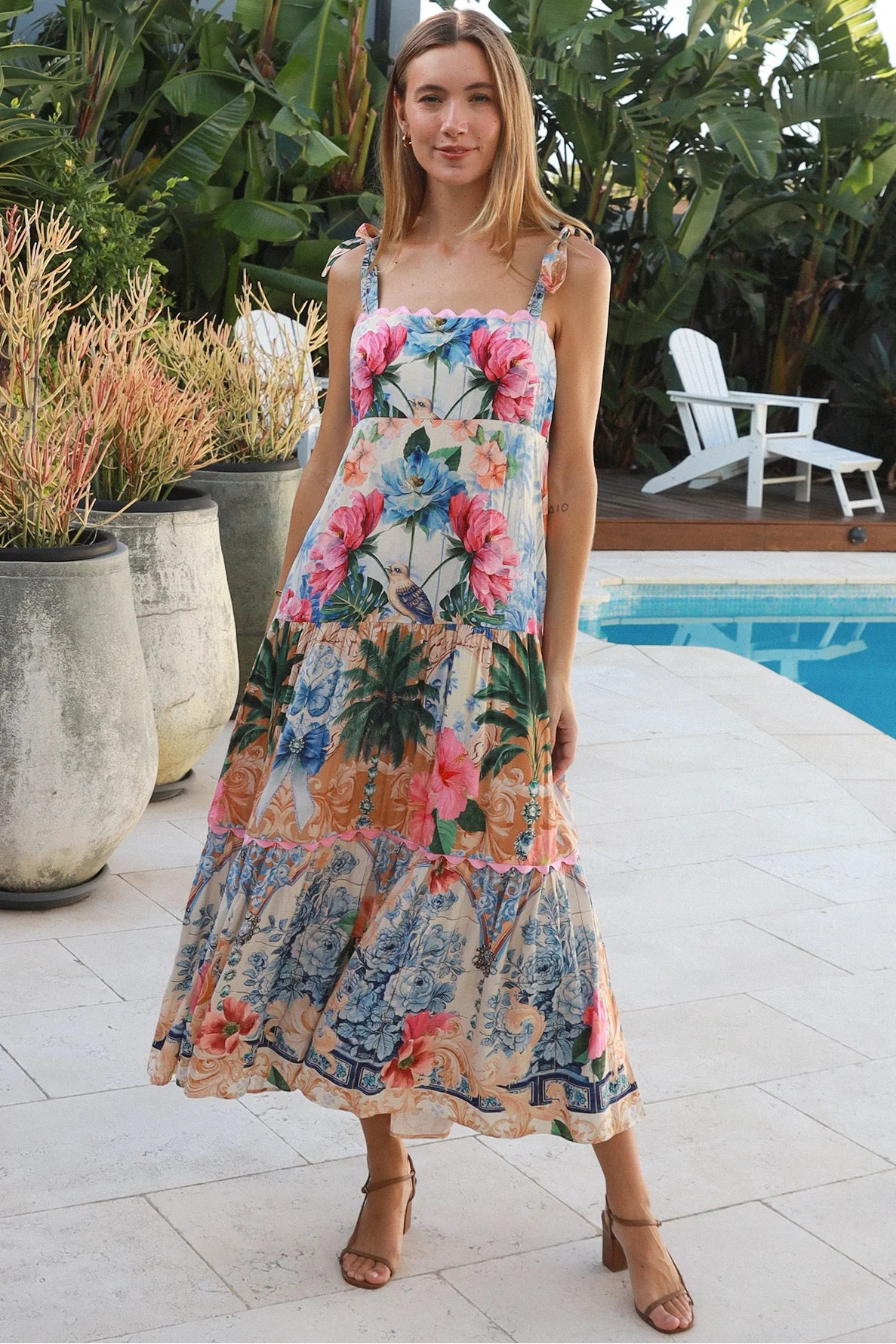 Phoebe tie shoulder boho maxi dress floral bird print empire waist shirred back 100% rayon Salty Palm