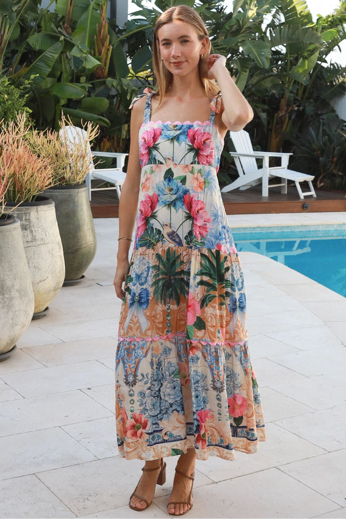 Phoebe tie shoulder boho maxi dress floral bird print empire waist shirred back 100% rayon Salty Palm