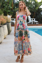 Phoebe tie shoulder boho maxi dress floral bird print empire waist shirred back 100% rayon Salty Palm