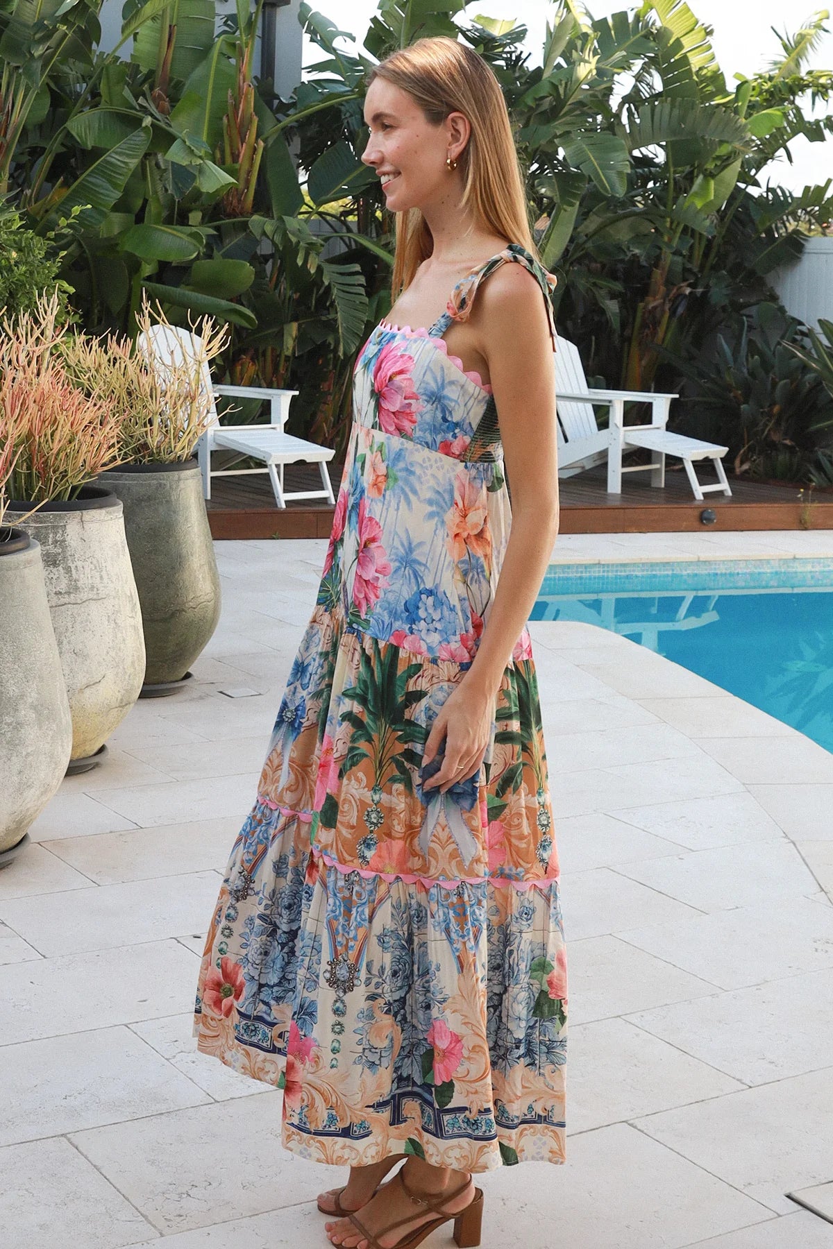 Phoebe tie shoulder boho maxi dress floral bird print empire waist shirred back 100% rayon Salty Palm