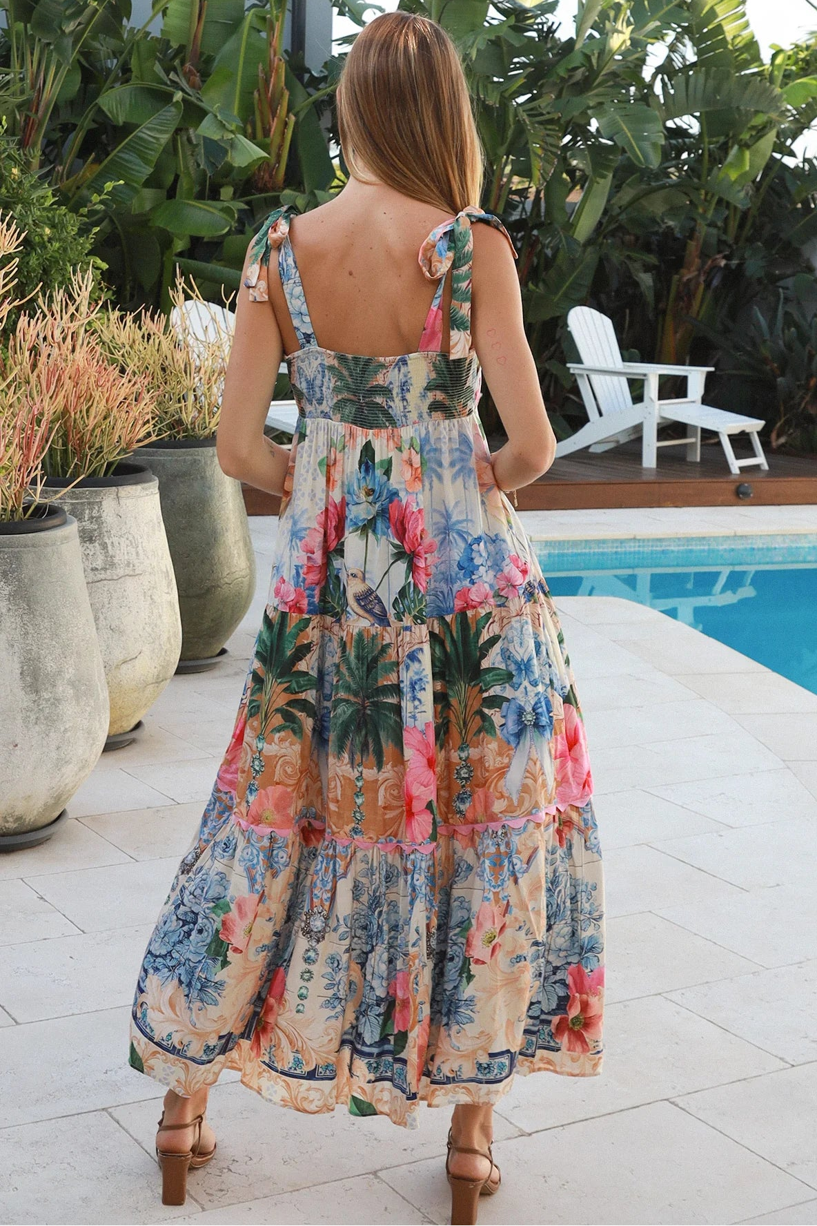 Phoebe tie shoulder boho maxi dress floral bird print empire waist shirred back 100% rayon Salty Palm