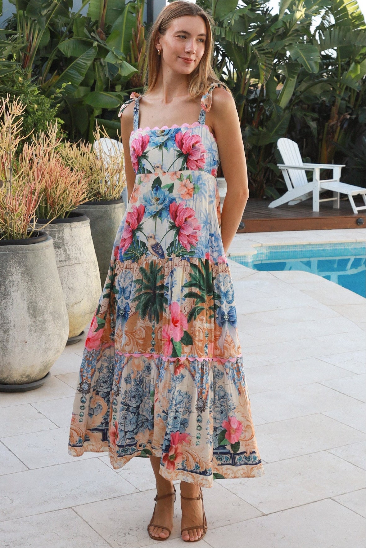 Phoebe tie shoulder boho maxi dress floral bird print empire waist shirred back 100% rayon Salty Palm