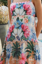 Phoebe tie shoulder boho maxi dress floral bird print empire waist shirred back 100% rayon Salty Palm