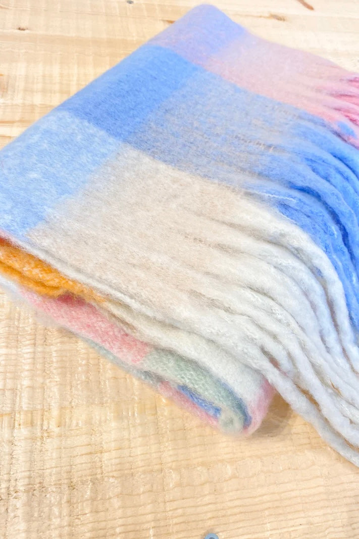 Pastel check boho winter scarf with blush, blue, and cream tones and long tassels - The Aurielle Scarf by Bohemian Love Runway 