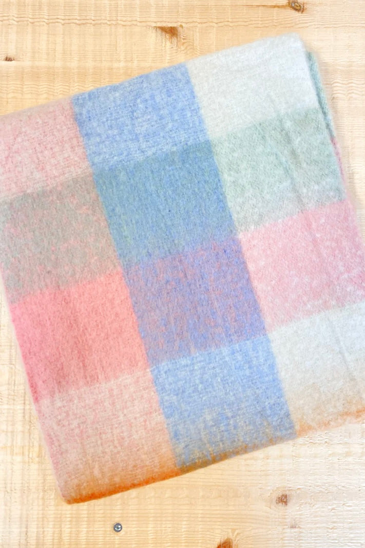 Pastel check boho winter scarf with blush, blue, and cream tones and long tassels - The Aurielle Scarf by Bohemian Love Runway 