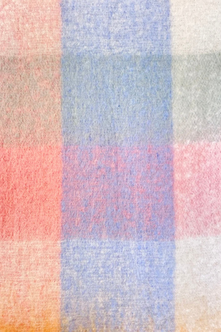 Pastel check boho winter scarf with blush, blue, and cream tones and long tassels - The Aurielle Scarf by Bohemian Love Runway 