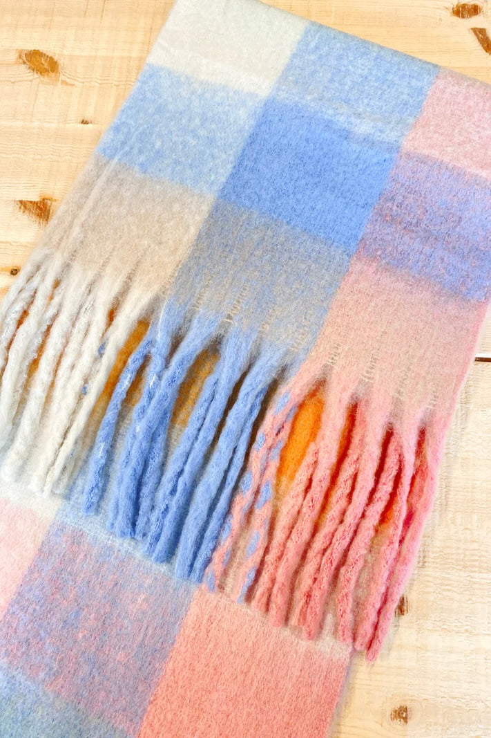 Pastel check boho winter scarf with blush, blue, and cream tones and long tassels - The Aurielle Scarf by Bohemian Love Runway 
