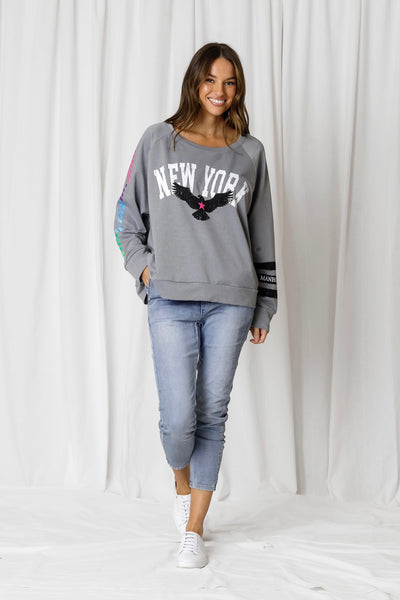 LOVE LILY | LOGAN NY & EAGLE PRINT STRIPED SLEEVE SWEAT - STEEL | Bohemian Love Runway