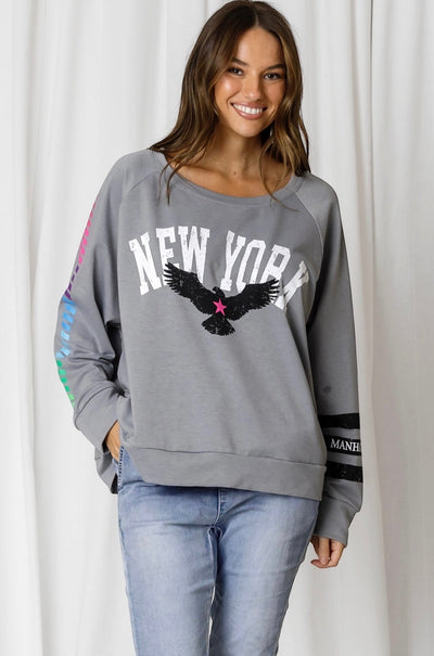 LOVE LILY | LOGAN NY & EAGLE PRINT STRIPED SLEEVE SWEAT - STEEL | Bohemian Love Runway