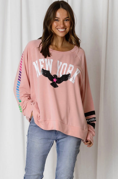 LOVE LILY | LOGAN NY & EAGLE PRINT STRIPED SLEEVE SWEAT - ROSE | Bohemian Love Runway