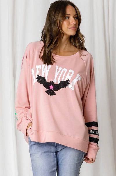 LOVE LILY | LOGAN NY & EAGLE PRINT STRIPED SLEEVE SWEAT - ROSE | Bohemian Love Runway