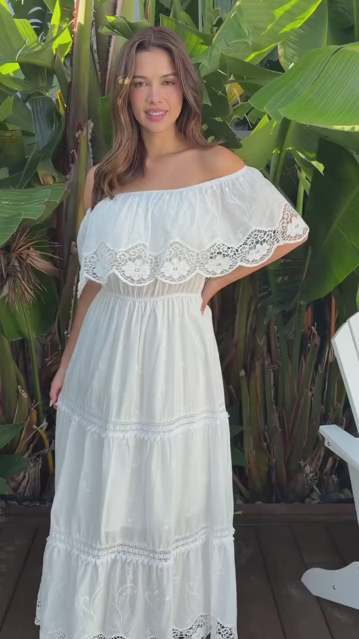 White off shoulder embroidered cotton maxi dress with lace crochet panels and tiered skirt