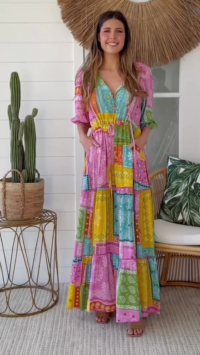 Video of woman twirling in Amour Patchwork Paisley Maxi Dress with romantic boho print - Bohemian Love Runway 