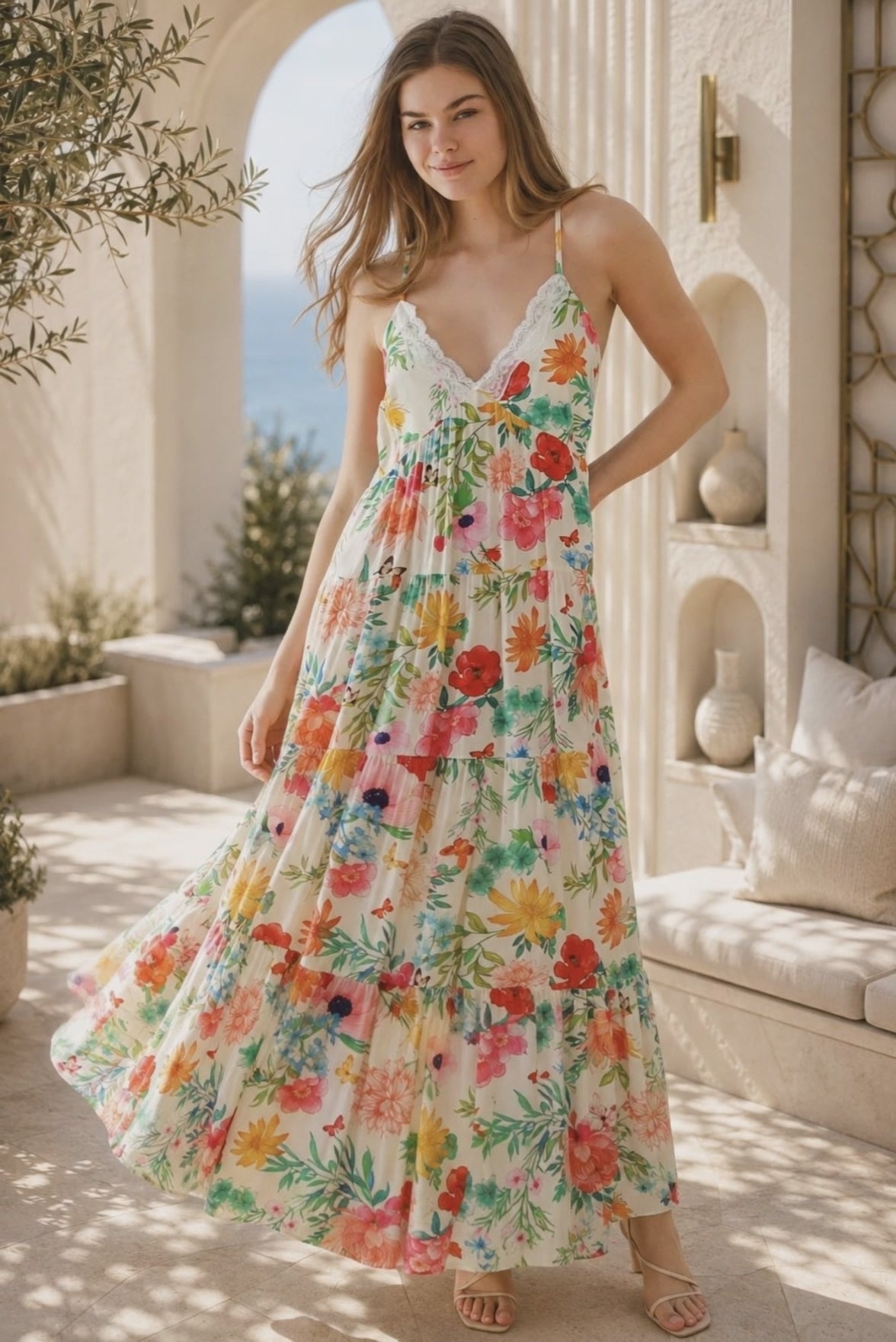 Model wearing the Arabella floral lace trim rayon boho maxi slip dress by Dreamcatcher | Shop Bohemian Love Runway Australia