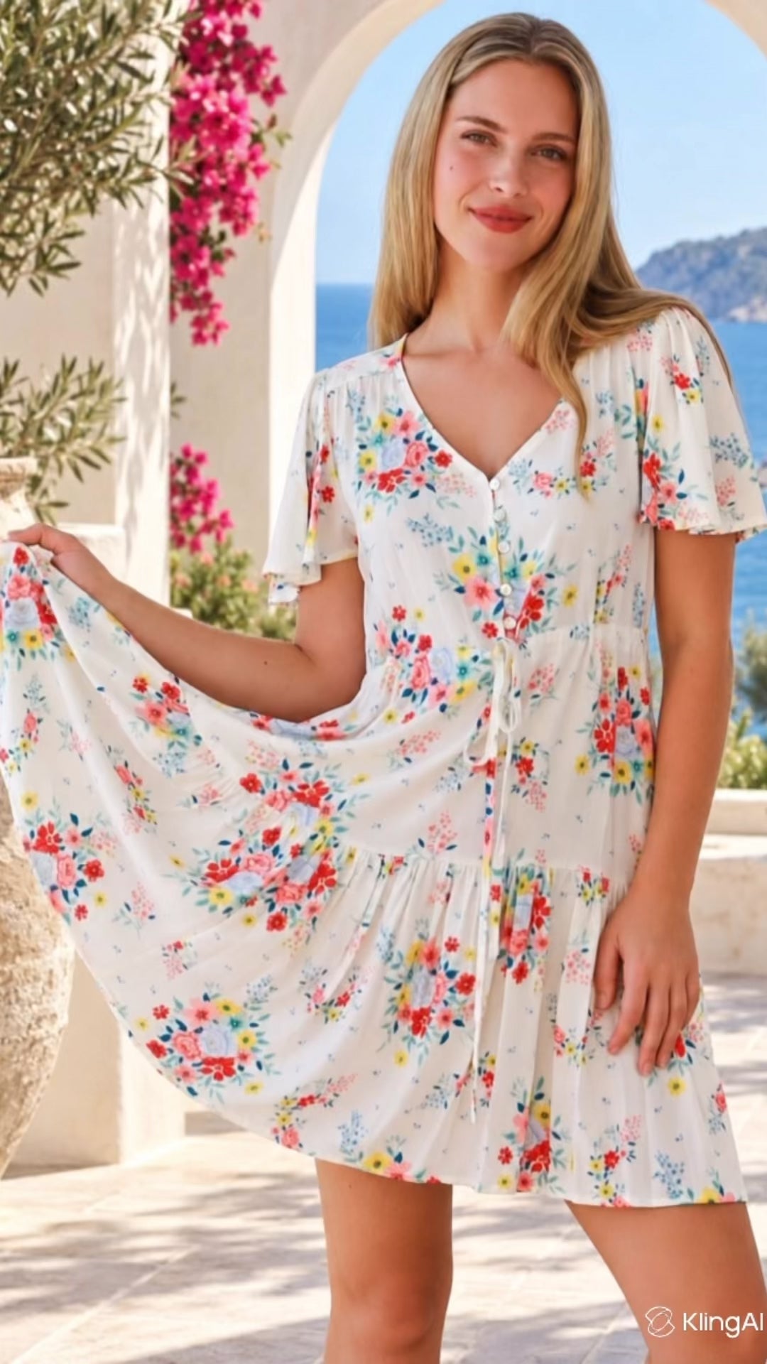 Model in motion wearing the Salty Palm ivory floral boho mini dress in rayon with V-neck, flutter sleeves, drawstring waist and oversized frill hem at Bohemian Love Runway 