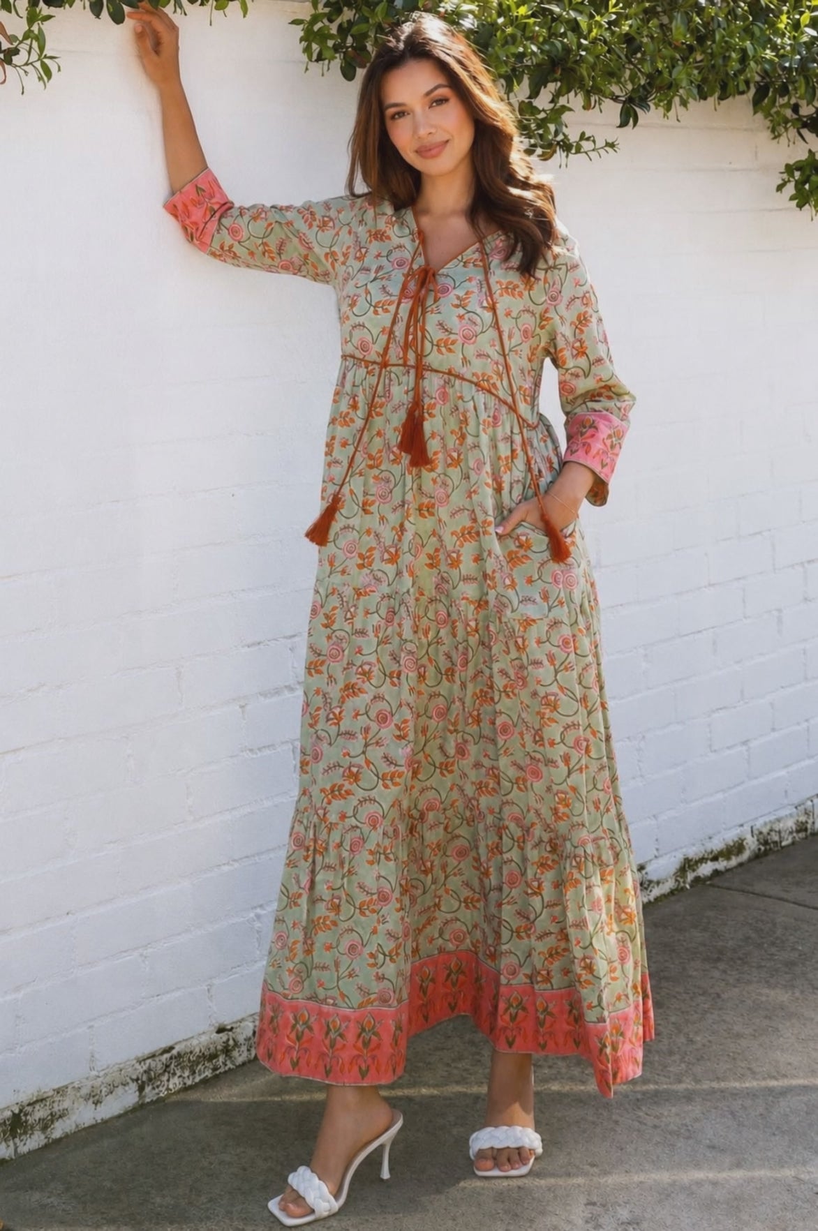 Model wearing 100% cotton Lauren Boho Floral Maxi Dress from Bohemian Love Runway 