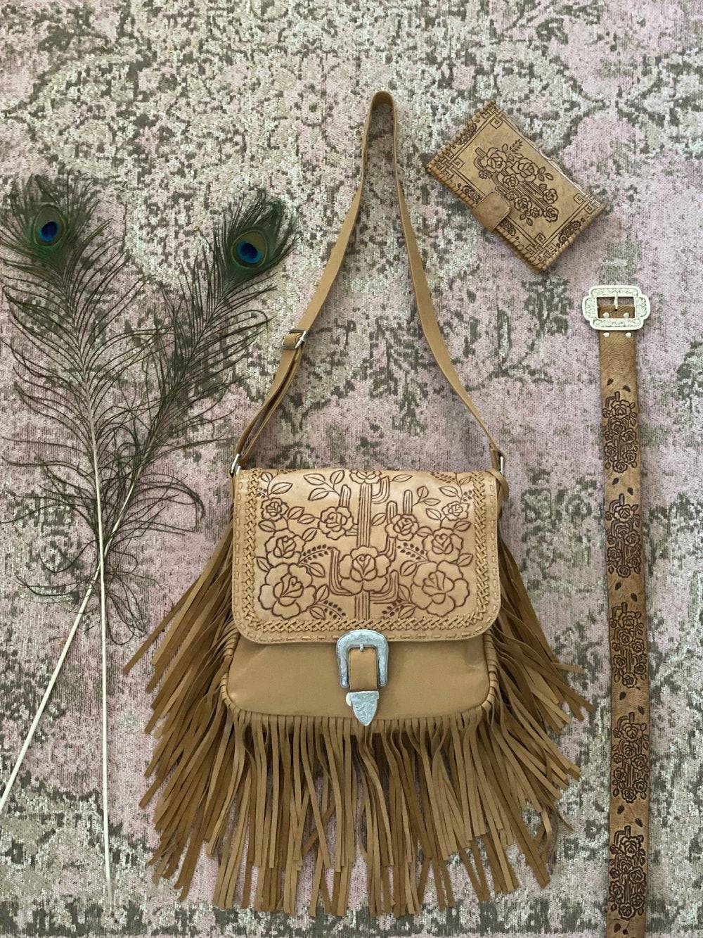 Southwestern tooled leather desert and floral cow skull fringe bag. – W  Brand Designs