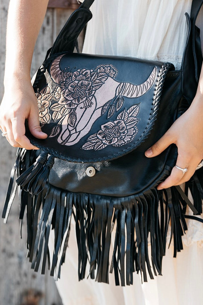  SHOE SHU | BUFFALO & FRINGE SADDLE BAG VINTAGE BLACK | Bohemian Love Runway