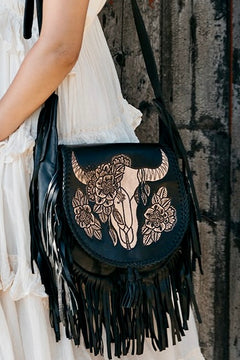 Buffalo Leather Fringe Handbag, Saddle, Small - Buffalo Boutique