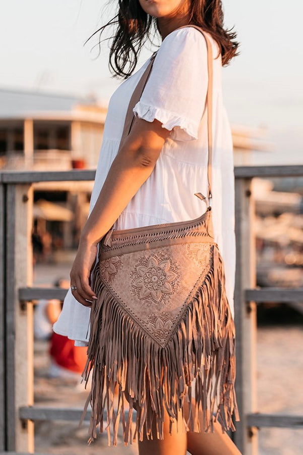  SHOE SHU | HAND TOOLED DETAILED FLOWER & FRINGE BAG BLUSH | Bohemian Love Runway