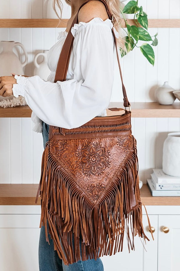  SHOE SHU | HAND TOOLED DETAILED FLOWER & FRINGE BAG TABBACO | Bohemian Love Runway