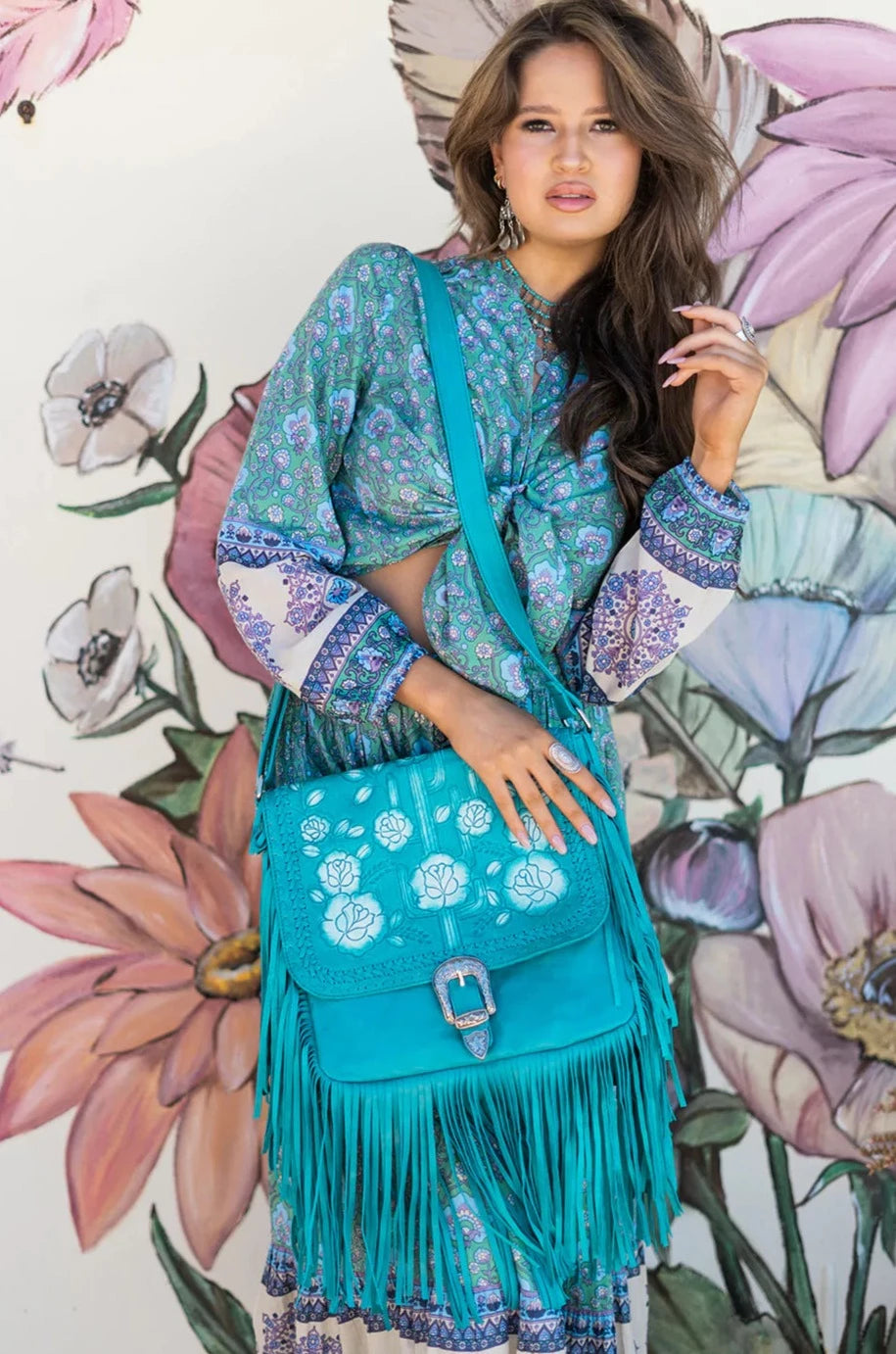  HOUSE OF SKYE | DESERT ROSE FRINGE BAG TURQUOISE | Bohemian Love Runway