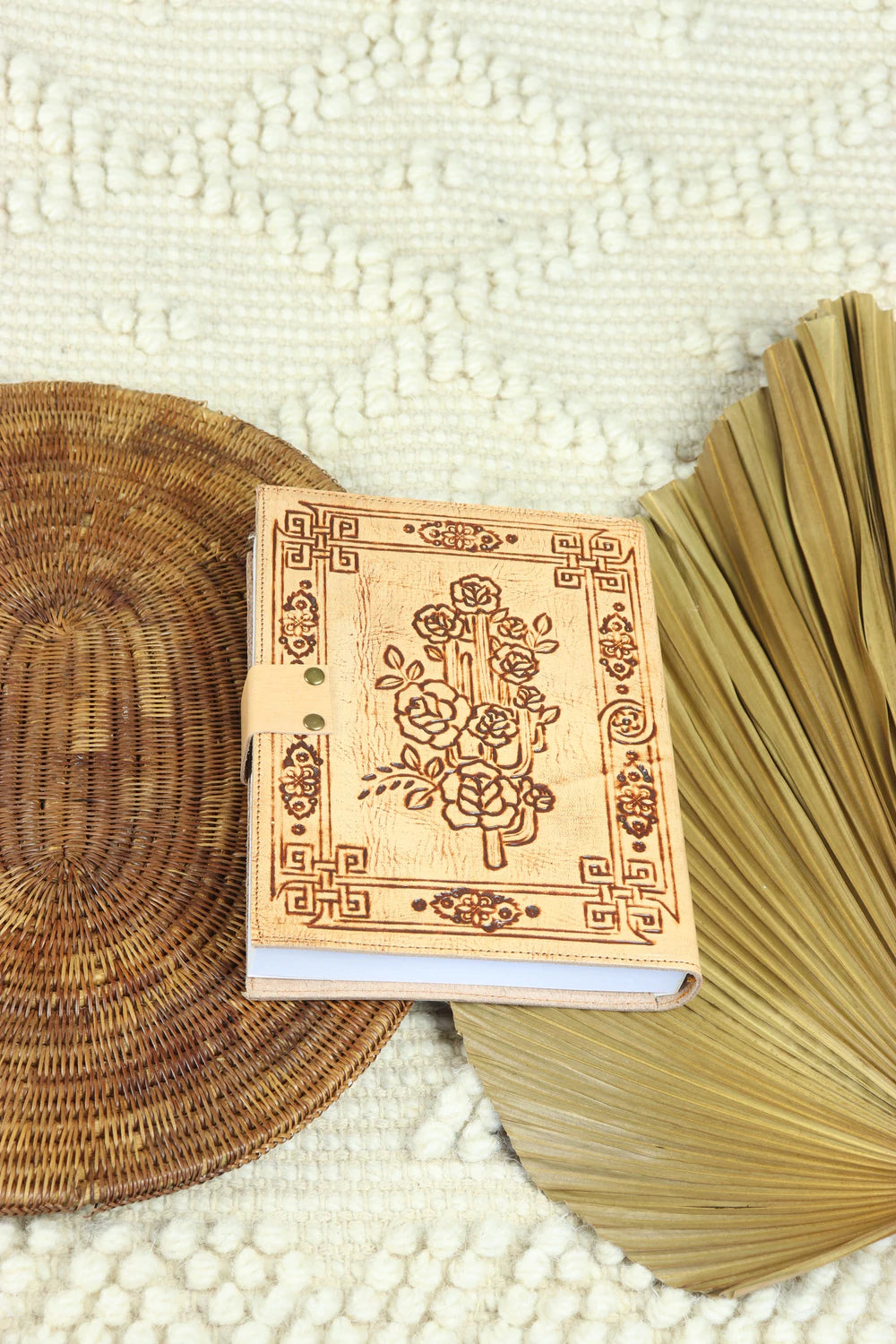  Journals Australia - Desert Rose leather journal with floral hand tooled cover and vintage clasp in soft neutral tones