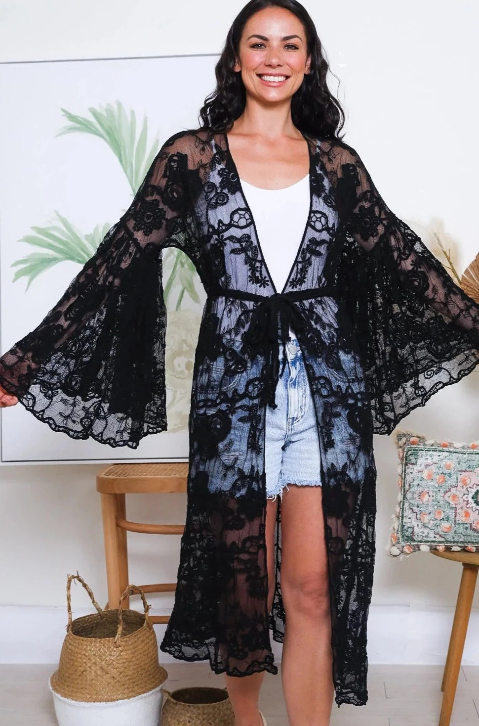 Long sleeve 2025 black lace kimono