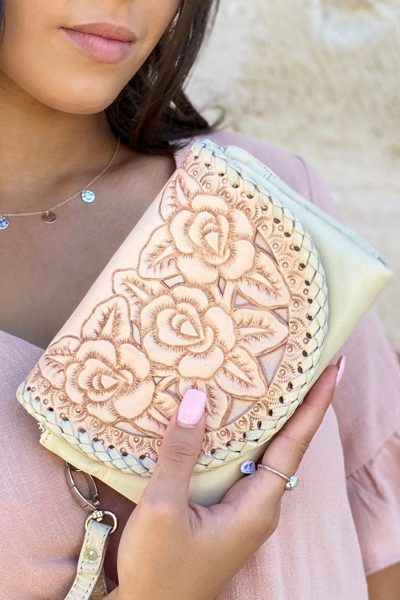  SHOE SHU | HAND TOOLED ROSE + STITCH PURSE NATURAL | Bohemian Love Runway